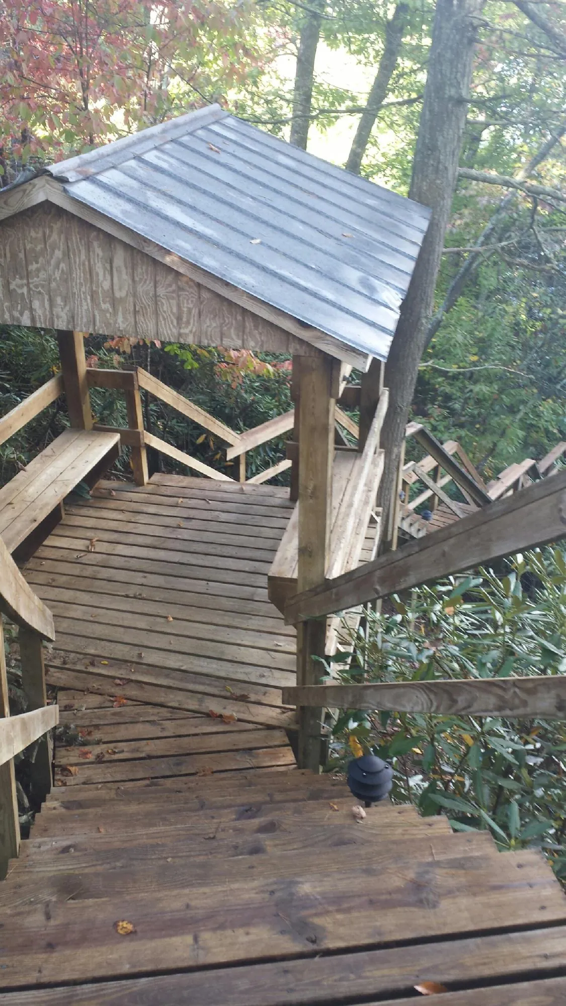 Metal roofed shelter over wooden steps on a wooded walkway — Skylight Repair & Installation work by our crew in Patterson